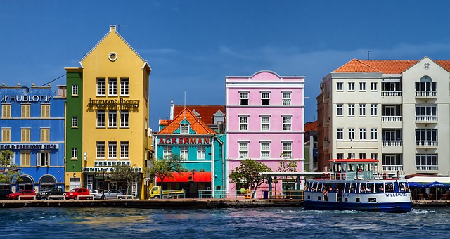 View of multi-color buildings on the shore of Curacao.