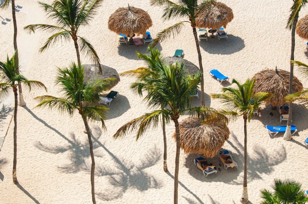 An Aruba resort beach with palm trees and blue lounge chairs.