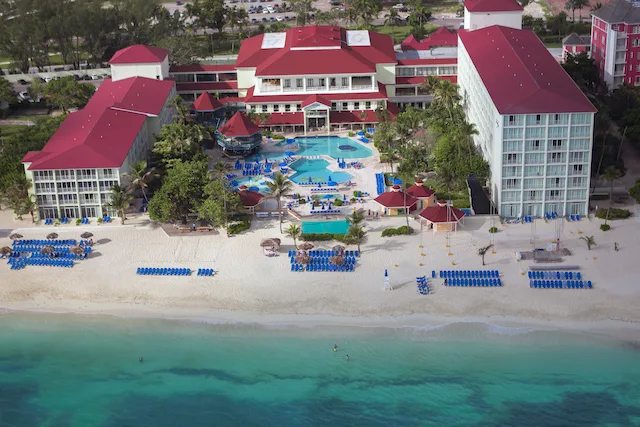 Aerial view of the resort and beach of Breezes Bahamas.