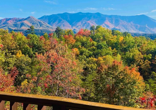View from gatlinburg cabin of mountains while leafs change