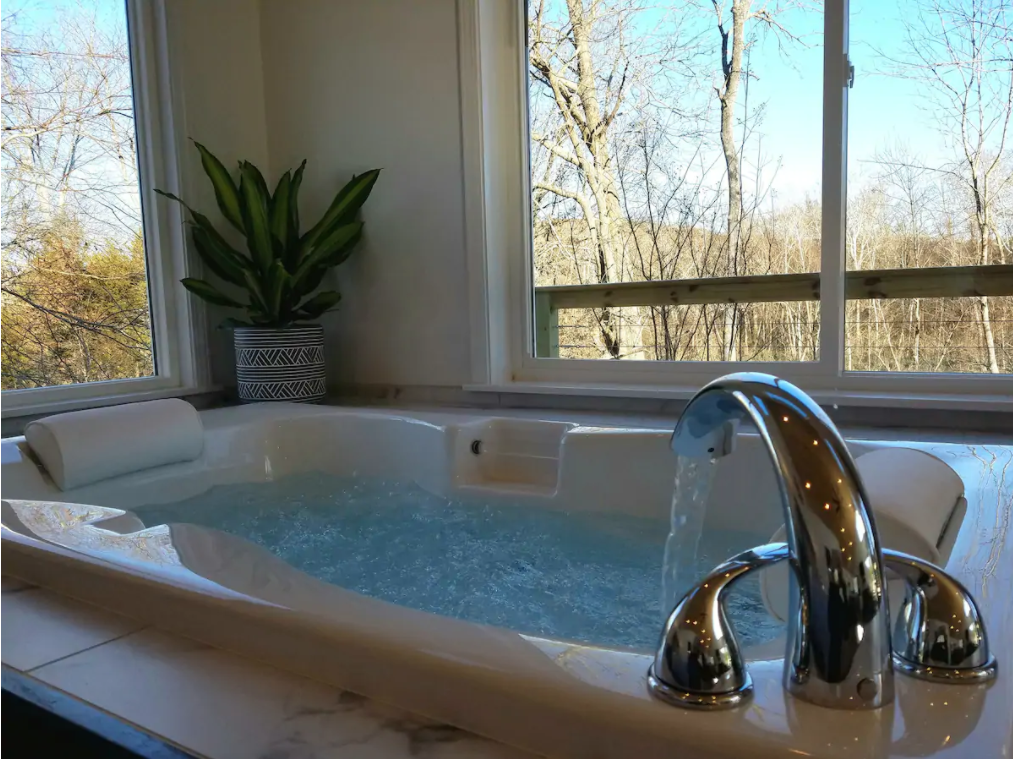 Jacuzzi tub in cabin with view