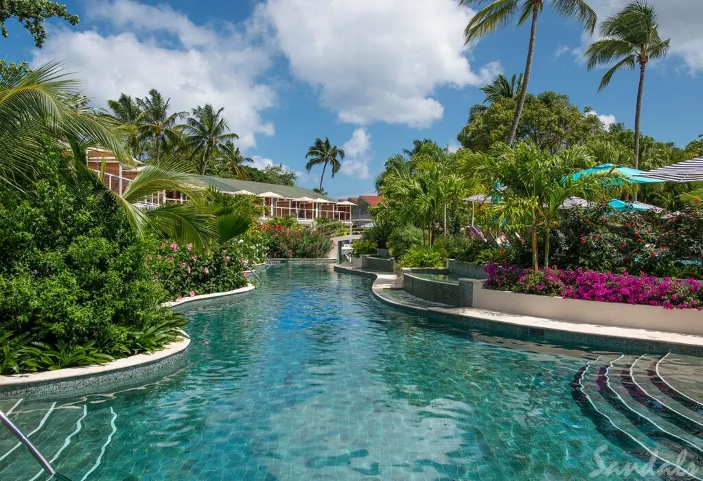 Sandals Halcyon Beach suites overlooking the pool