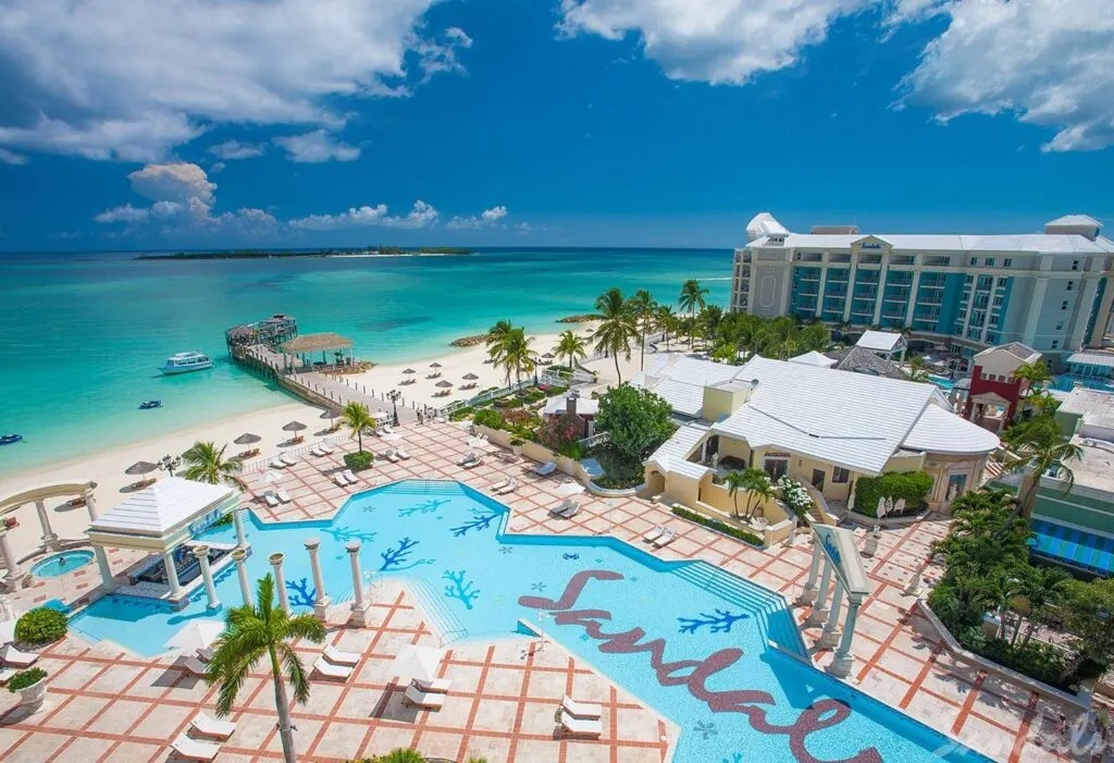 Sandals Royal Bahamian sky view of the resort and pool. 