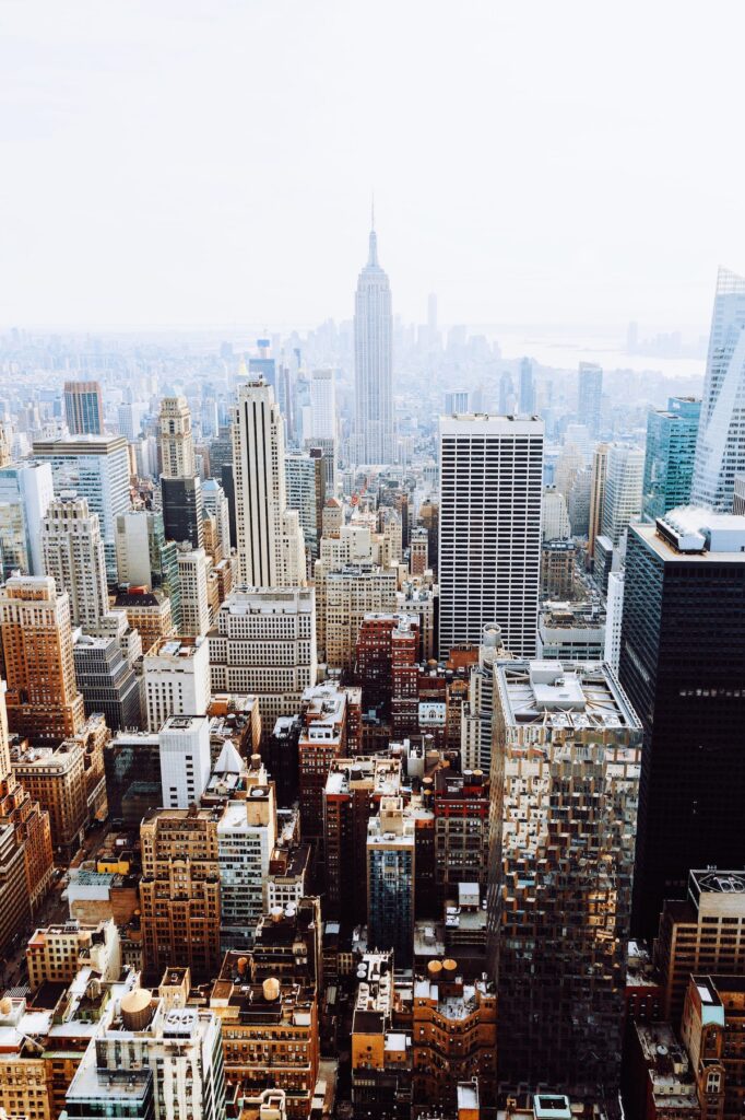 Arial view of skyscrapers in New York City.