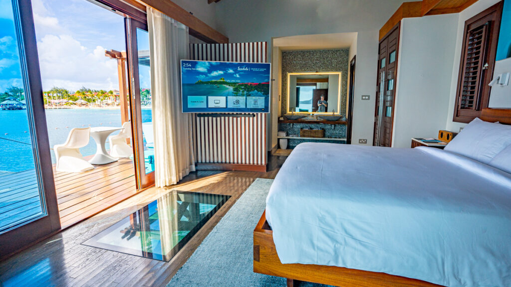 View of a room in an overwater bungalow at Sandals Grande St Lucian.