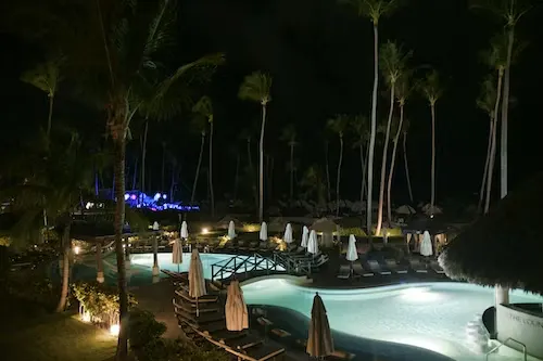 View of outdoor pool at CHIC at night.